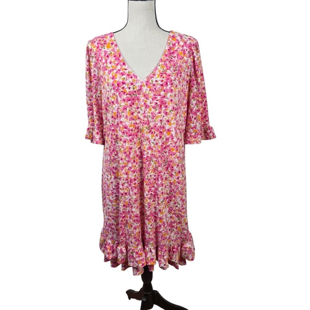 CeCe Floral Shift Dress Womens L Pink V-Neck Ruffle Hem Wedding Guest Summer